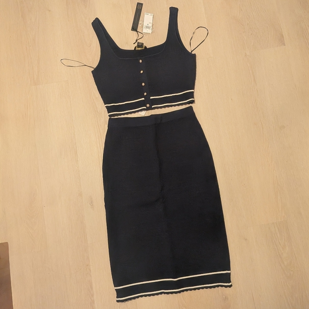NWT House of Harlow 1960 x Revolve Navy Cropped Knit Tank and Midi Skirt 2 Piece